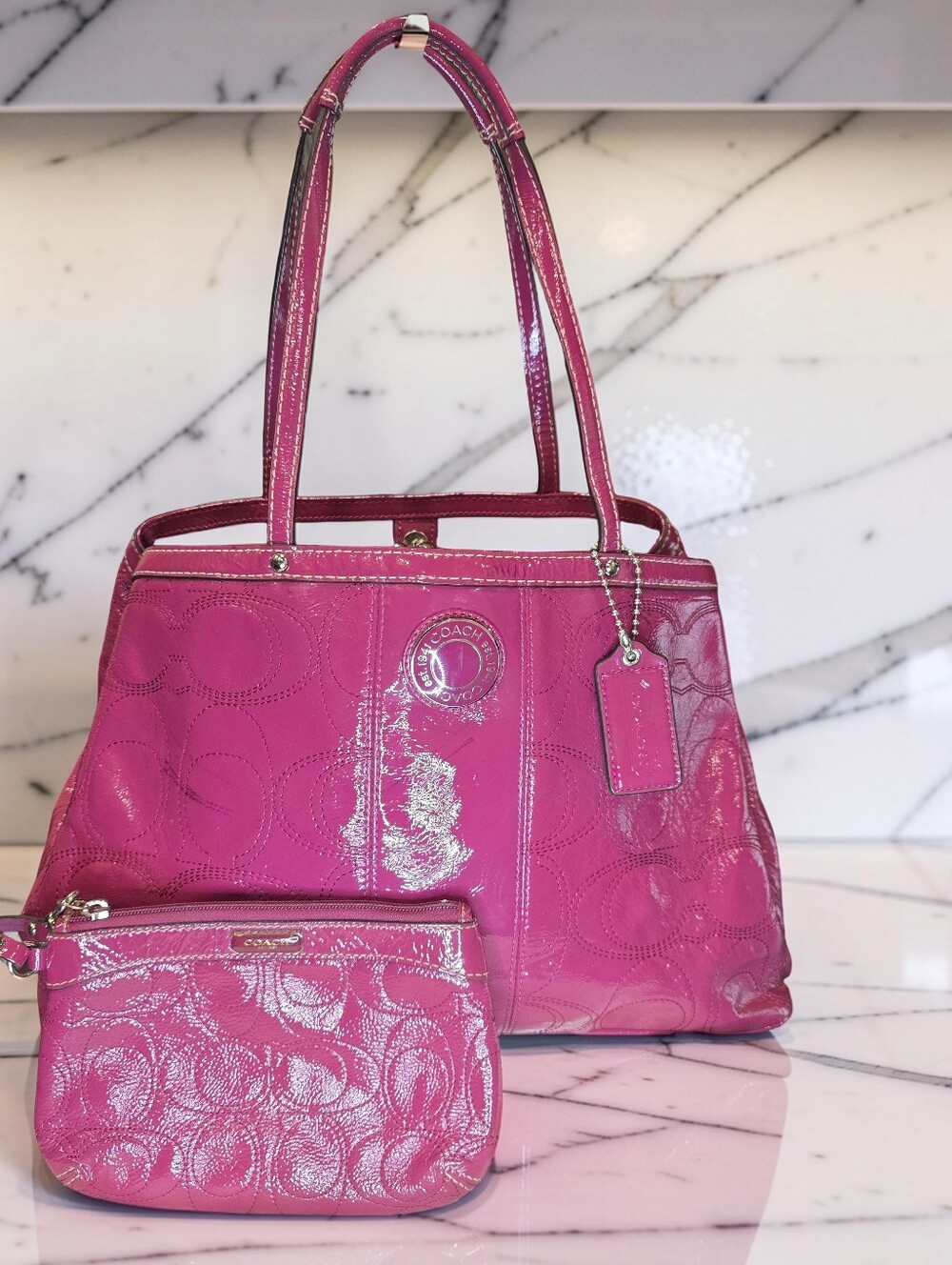 Rare Coach Pink Signature Patent Leather Kisslock Tote & Matching Wristlet